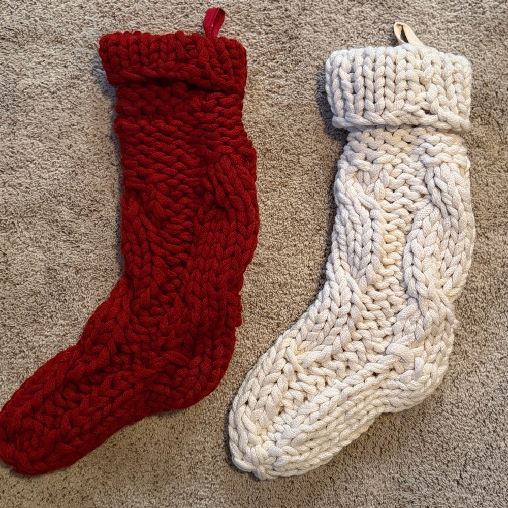 Pottery Barn Red and Cream Knit Holiday Stockings